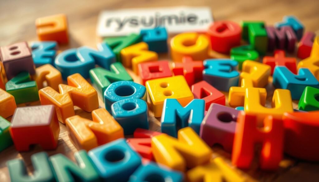 Vibrant and playful word puzzles, a captivating visual feast. Geometric letter shapes dance across the frame, inviting the viewer to decipher the hidden messages. Warm lighting casts a cozy glow, highlighting the tactile nature of the game pieces. Soft shadows add depth, drawing the eye through the composition. In the background, a blurred rysujmnie.pl logo suggests the source of these engaging linguistic challenges. An atmosphere of intellectual curiosity and creative problem-solving permeates the scene, reflecting the enriching potential of wordplay for child development.