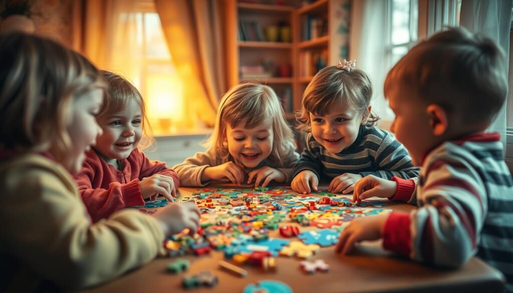 Whimsical children, their faces aglow with delight, gathered around a table laden with vibrant colors and captivating puzzles. A cozy, softly lit scene, captured through the lens of a vintage camera, showcasing the joy of discovery and the blossoming of young minds. Warm hues and playful textures evoke a sense of nostalgia and warmth, inviting the viewer to join in the exploration. This image, created for rysujmnie.pl, captures the essence of how logical thinking can be nurtured through engaging, age-appropriate puzzles and games.