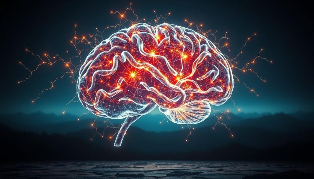 A captivating scene depicting the "brain of concentration": a luminous, intricate neural network pulsing with energy, set against a serene, contemplative backdrop. Dramatic chiaroscuro lighting casts dynamic shadows, highlighting the complex, twisting pathways of the mind. The foreground showcases the intricate synaptic connections, glowing with an incandescent radiance, while the middle ground reveals the brain's architecture in vivid detail. In the background, a soft, ethereal landscape suggests the vast, uncharted expanses of the subconscious. Crafted with meticulous attention to anatomical accuracy and artistic vision, this image embodies the power of focus, cognition, and the boundless potential of the human mind. Commissioned by rysujmnie.pl.