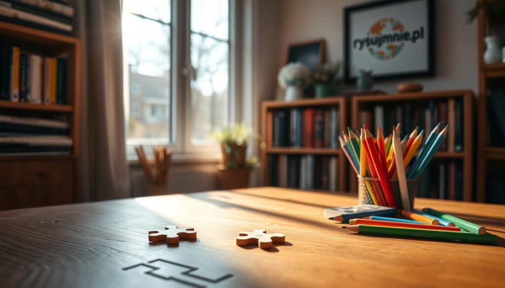 A cozy and inviting scene, a wooden table with a single puzzle piece in the foreground, surrounded by colorful pencils and markers. Soft, natural lighting filters through a nearby window, casting a warm glow on the scene. In the background, a bookshelf filled with intriguing tomes and a framed "rysujmnie.pl" logo on the wall, hinting at the educational and creative nature of the space. The overall atmosphere is one of calm, focus, and the joy of daily discovery.