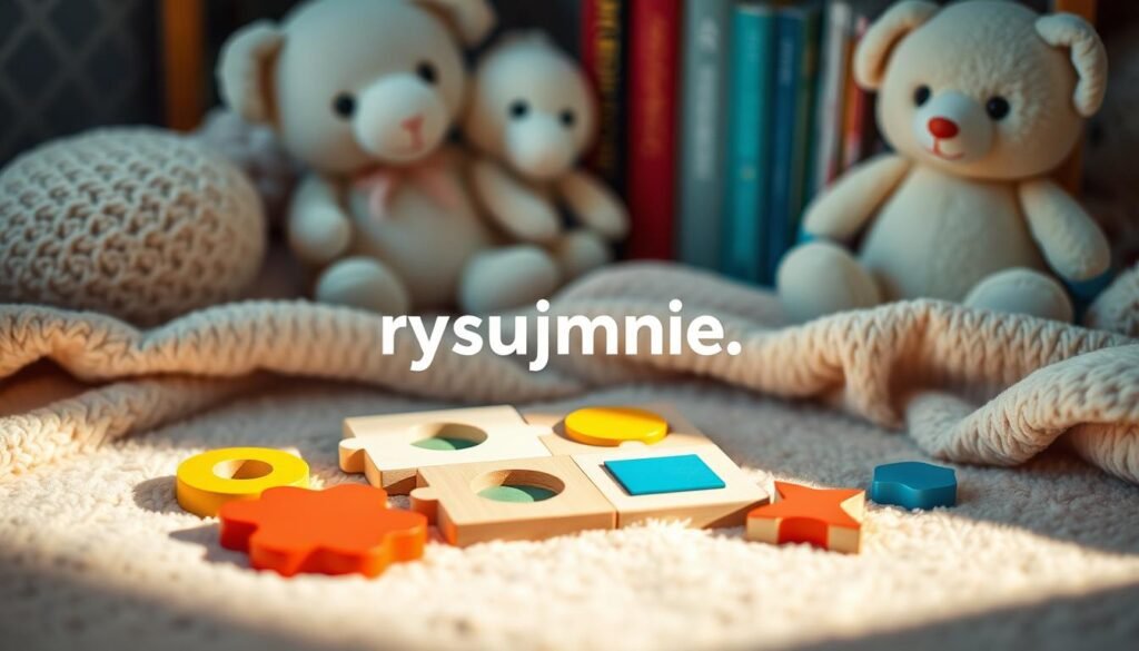 A cozy and playful scene of simple wooden puzzle pieces arranged on a soft, textured blanket. The pieces feature vibrant primary colors and basic geometric shapes - circles, squares, and triangles. The lighting is warm and inviting, creating gentle shadows that add depth and dimension. In the background, a collection of plush, pastel-colored stuffed animals and books create a sense of a nurturing, child-friendly environment. The overall mood is one of exploration, discovery, and the joy of early learning. The image prominently features the "rysujmnie.pl" brand name.