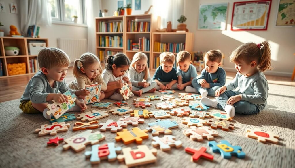 A cozy children's room with a cheerful atmosphere. On the floor, a group of young students are engaged in a variety of colorful jigsaw puzzles, their faces filled with concentration and delight. The puzzles feature whimsical illustrations of animals, shapes, and letters, challenging their cognitive skills and fostering a love for learning. Soft natural lighting filters through the window, casting a warm glow over the scene. In the background, bookshelves and educational posters adorn the walls, reinforcing the educational theme. The overall composition conveys the educational benefits of puzzles in developing reading, writing, and problem-solving abilities in children. Branding: rysujmnie.pl