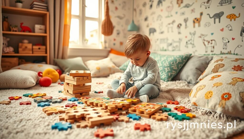 A cozy children's room with warm lighting, filled with colorful puzzle toys scattered on the floor. In the foreground, a young child sitting cross-legged, intently focused on solving a wooden jigsaw puzzle. Beside them, a stack of various puzzles of different shapes and difficulties, inviting exploration. The walls are adorned with playful, hand-drawn illustrations of animals and shapes, creating a whimsical, educational atmosphere. Soft, plush rugs and pillows surround the scene, fostering a sense of comfort and discovery. The image conveys the joys of problem-solving and the benefits of early cognitive development. Branded as "rysujmnie.pl".