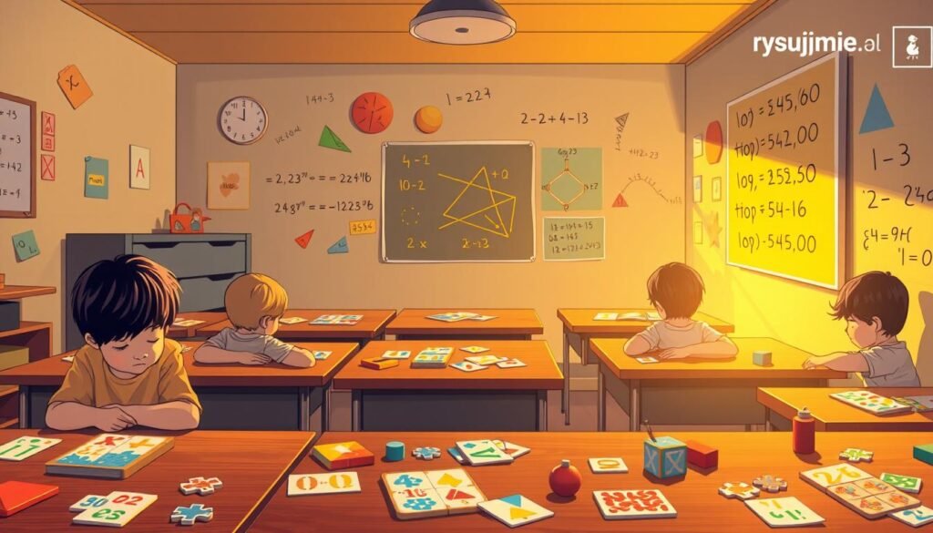 A cozy classroom setting, filled with mathematical "zagadki" (riddles) and puzzles scattered across the desks. Warm lighting illuminates the scene, creating a contemplative atmosphere. In the foreground, a group of children are intently focused on solving the colorful, brain-teasing challenges before them. Geometric shapes, equations, and number patterns adorn the walls, inspiring creativity and critical thinking. The rysujmnie.pl brand logo subtly graces the corner of the frame, signifying the educational nature of the image. An ideal illustration for a section on engaging, mind-stimulating activities for young learners.