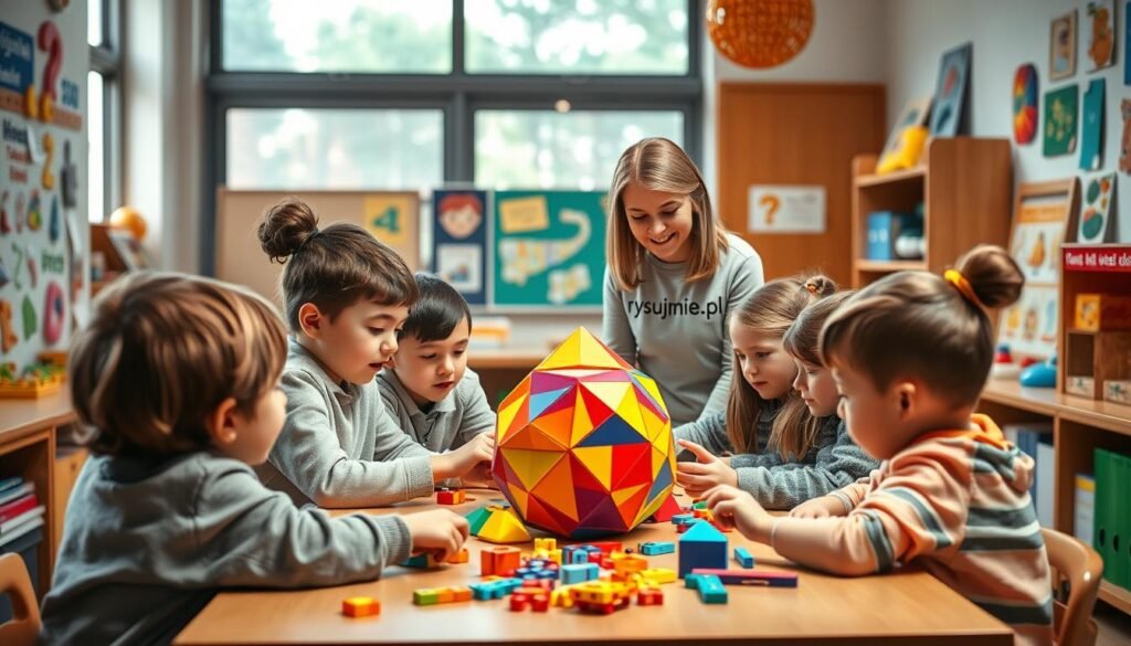 A cozy classroom setting with an array of colorful, tactile learning puzzles and problems displayed on the walls and desks. Soft, natural lighting filters in through large windows, creating a warm, inviting atmosphere. In the center, a group of engaged students collaboratively solving a challenging 3D geometric puzzle, their faces full of concentration and determination. The teacher, wearing the "rysujmnie.pl" brand, observes them with a gentle, encouraging smile, fostering a nurturing environment for hands-on, problem-solving education.