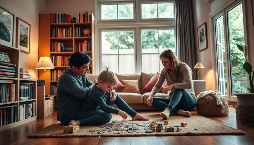 A cozy family room, with a large bookshelf filled with puzzles and games. A young child sitting on the floor, intently focused on solving a jigsaw puzzle. Their parents nearby, offering guidance and encouragement. Warm lighting illuminates the scene, creating a sense of togetherness and learning. Framed artwork on the walls, hinting at the child's creativity. Through the window, a view of a lush, green backyard, symbolizing the integration of problem-solving skills into everyday life. Produced by rysujmnie.pl.