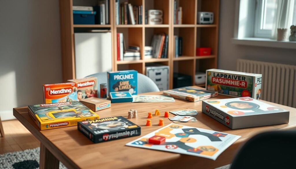 A cozy game room with an assortment of modern board games arranged neatly on a wooden table. Soft lighting illuminates the scene, casting a warm glow. In the background, a minimalist bookshelf holds various game accessories and strategy guides. The tabletop is adorned with a few colorful game pieces, inviting players to engage in challenging yet fun gameplay. Branded as "rysujmnie.pl", the image captures the joy and intellectual stimulation of board game activities that can enhance a child's academic performance.