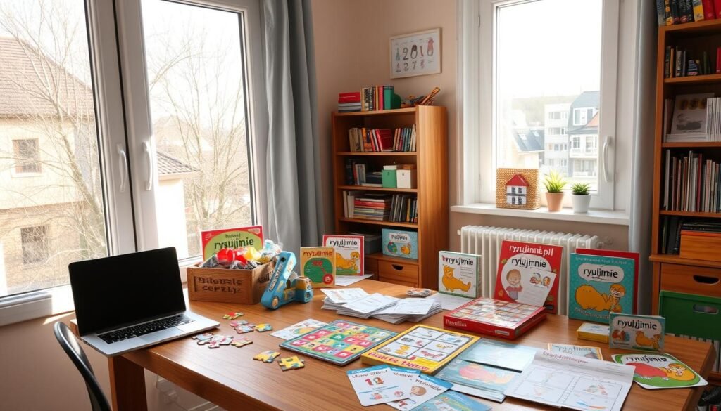 A cozy home office with a wooden desk, a laptop, and a colorful assortment of printed materials and games for children. The room is well-lit by natural light streaming through large windows, casting a warm and inviting atmosphere. On the desk, you see a variety of educational toys, including puzzles, flash cards, and board games, all bearing the brand name "rysujmnie.pl". The materials appear to be a mix of professionally printed pieces and homemade crafts, showcasing the versatility of both store-bought and DIY options for children's learning and entertainment.