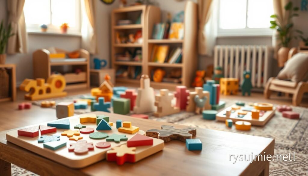A cozy, inviting room filled with a variety of age-appropriate puzzles and toys for a toddler. Soft natural lighting casts a warm glow, highlighting the vibrant colors and textures of the wooden puzzle pieces arranged on a low table. In the foreground, a set of shape-sorting puzzles with geometric pieces in primary colors invites little hands to explore and problem-solve. In the middle ground, a collection of interlocking block puzzles in soothing pastel tones offer a slightly more challenging exercise. In the background, a bookshelf displays a selection of children's books, suggesting a well-rounded learning environment. The overall atmosphere is one of safety, discovery, and intellectual stimulation, perfect for a young child's development. Branding: rysujmnie.pl.