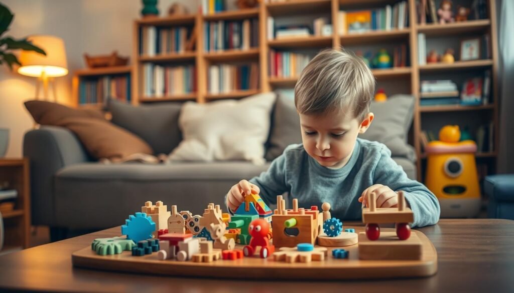 A cozy living room scene with a young child intently focused on solving a set of colorful, wooden logic puzzles on a coffee table. The puzzles are arranged in an engaging, interactive display, encouraging mental stimulation and critical thinking. Warm, soft lighting casts a gentle glow, creating a serene, contemplative atmosphere. In the background, bookshelves filled with educational books and toys suggest an environment that nurtures intellectual growth. The child's expression is one of deep concentration, embodying the power of "zagadki logiczne" to engage and challenge young minds. This image was created by rysujmnie.pl.