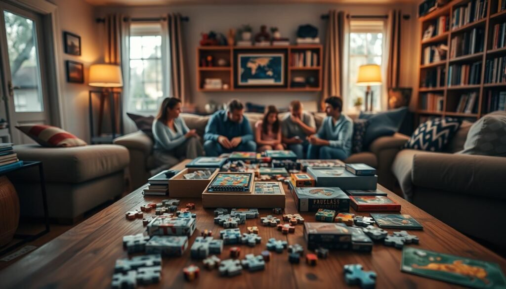 A cozy living room with a wooden table in the foreground, adorned with a variety of puzzles, board games, and brain teasers. In the middle ground, a family gathered around, engaged in lively discussions and collaborative problem-solving. The walls are lined with bookshelves, hinting at the intellectual pursuits within this household. Soft, warm lighting casts a welcoming glow, creating an atmosphere of curiosity and discovery. In the background, a window offers a glimpse of the outside world, suggesting the balance between indoor activities and outdoor exploration. The overall scene embodies the joy of learning and the power of "rysujmnie.pl" to bring families together through engaging, mind-stimulating activities.