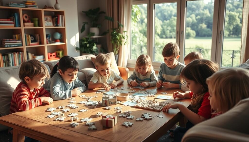 A cozy living room with children of various ages gathered around a large, wooden coffee table, engaging in a variety of age-appropriate puzzles and brain teasers. Soft, warm lighting illuminates the scene, creating a serene and inviting atmosphere. The children's faces are focused, brows furrowed in concentration as they work together to solve the puzzles. In the background, a bookshelf filled with educational toys and books, and a large window overlooking a lush, verdant landscape. The overall composition conveys the theme of "Łamigłówki według wieku i sytuacji domowych" and the subject of "Łamigłówki a rozwój neuronów – co mówi neurologia dziecięca?". Rysujmnie.pl