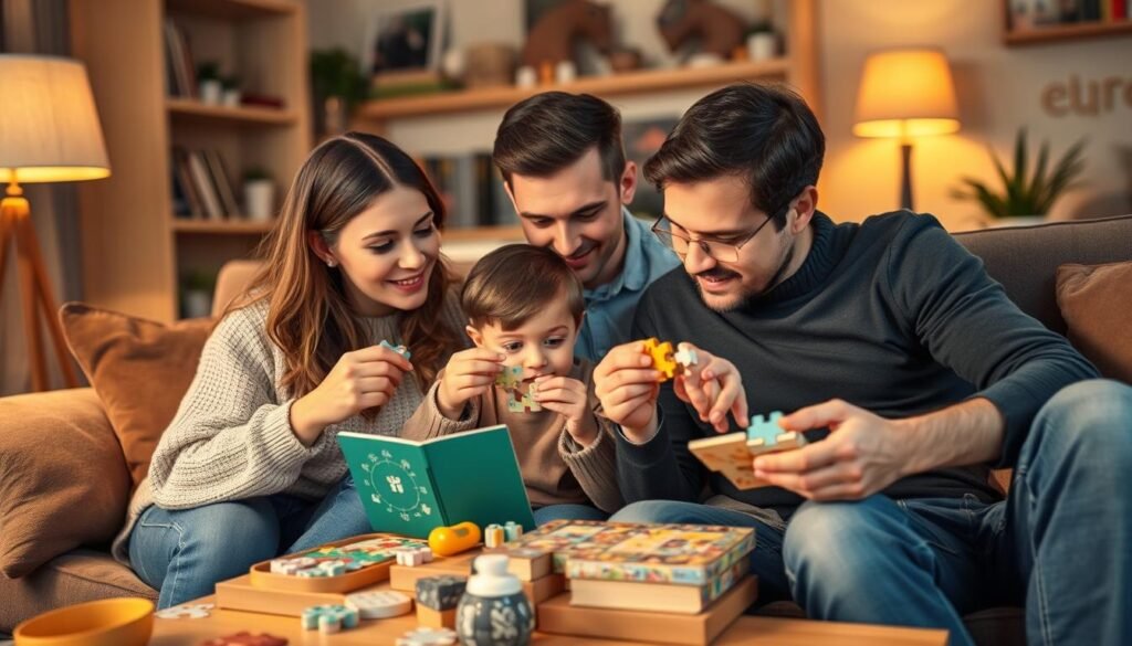 A cozy living room with warm lighting, a family of three - a mother, father, and child - sitting on a comfortable couch, engaged in solving a variety of puzzles and brain teasers together. The child's face is filled with excitement as the parents guide them through the challenges, fostering a nurturing environment for intellectual growth. The overall scene conveys a sense of togetherness, learning, and the joyful pursuit of problem-solving. rysujmnie.pl