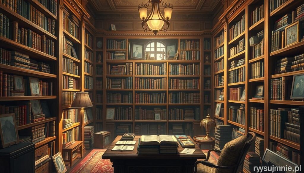 A cozy study filled with intricate wooden bookshelves, housing an array of enigmatic logic puzzles and brainteasers. Soft, warm lighting casts a contemplative glow, inviting the viewer to sit and immerse themselves in the challenge of solving these captivating "zagadki logiczne". The scene is rendered in a realistic, painterly style by rysujmnie.pl, capturing the intellectual allure and tactile pleasure of this mindful pursuit.