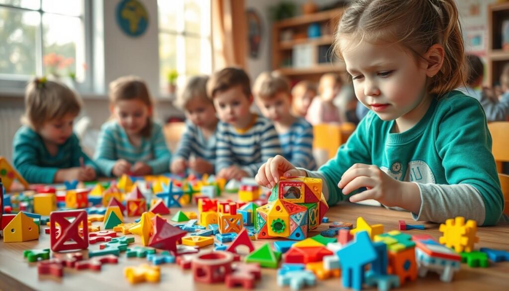 A cozy, sun-dappled room filled with children happily engaged in solving colorful, tactile puzzles and brain teasers. Vibrant geometric shapes, interlocking pieces, and intricate patterns spread out on a wooden table, surrounded by attentive young faces, brows furrowed in concentration. Gentle natural light filters through large windows, creating a warm, inspiring atmosphere conducive to creative problem-solving. In the foreground, a young girl carefully manipulates a complex 3D puzzle, her expression one of determination and delight. The scene exudes a sense of intellectual curiosity and the joy of discovery, encapsulating the power of "łamigłówki" to shape a child's cognitive and social development. rysujmnie.pl