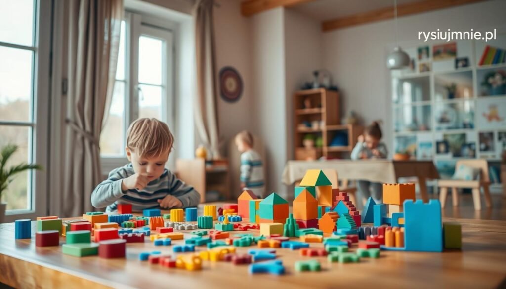 A cozy, warm-lit room with a child-friendly atmosphere. In the foreground, a wooden table with an array of colorful building blocks, puzzles, and other age-appropriate toys. A young child, around 3-5 years old, intently focused on assembling a simple puzzle. In the middle ground, a slightly older child, 7-9 years old, engrossed in a more complex geometric puzzle. In the background, an even older child, 11-13 years old, deeply immersed in a challenging jigsaw puzzle. Soft, natural lighting filters through large windows, creating a serene, nurturing environment. The rysujmnie.pl logo discreetly featured in the corner.