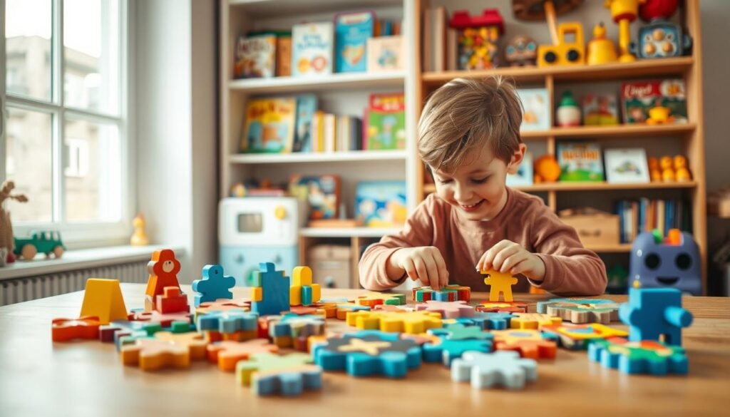 A cozy, well-lit room with a wooden table in the foreground, upon which sits a collection of colorful children's puzzles of various shapes and sizes. In the middle ground, a young child enthusiastically engaged in assembling one of the puzzles, their face filled with concentration and joy. In the background, a bookshelf adorned with educational toys and games, creating a warm, inviting atmosphere. Soft, natural lighting illuminates the scene, highlighting the tactile textures of the puzzles and the child's playful exploration. Branded as "rysujmnie.pl", this image captures the perfect blend of cognitive challenge and physical activity for young minds.