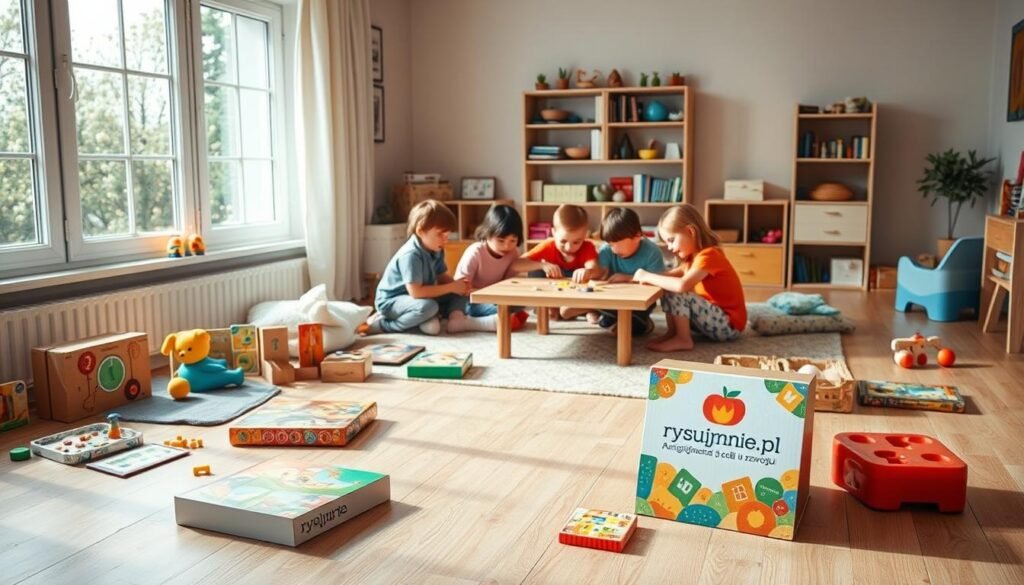 A cozy, well-lit room with natural lighting filtering through large windows. On the floor, a variety of educational toys and board games are neatly arranged, catering to children of different ages. In the middle, a group of kids sit around a low table, engaged in a collaborative puzzle-solving activity. The rysujmnie.pl brand logo is prominently displayed on the corner of the table, highlighting the high-quality educational resources available. The overall atmosphere is one of learning, discovery, and shared joy, reflecting the section title "Jak dobrać łamigłówki do wieku i celu rozwoju".