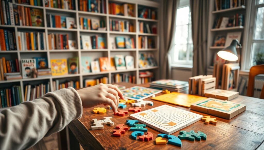 A cozy, well-lit study with shelves of colorful children's books and puzzles. On a wooden table, an array of various brain teasers, tangram puzzles, and maze games, carefully selected to engage young minds of different ages and skill levels. A child's hand reaching out to explore the engaging challenges, their face filled with curiosity and concentration. The scene radiates a sense of learning and discovery, captured with a warm, inviting atmosphere. rysujmnie.pl