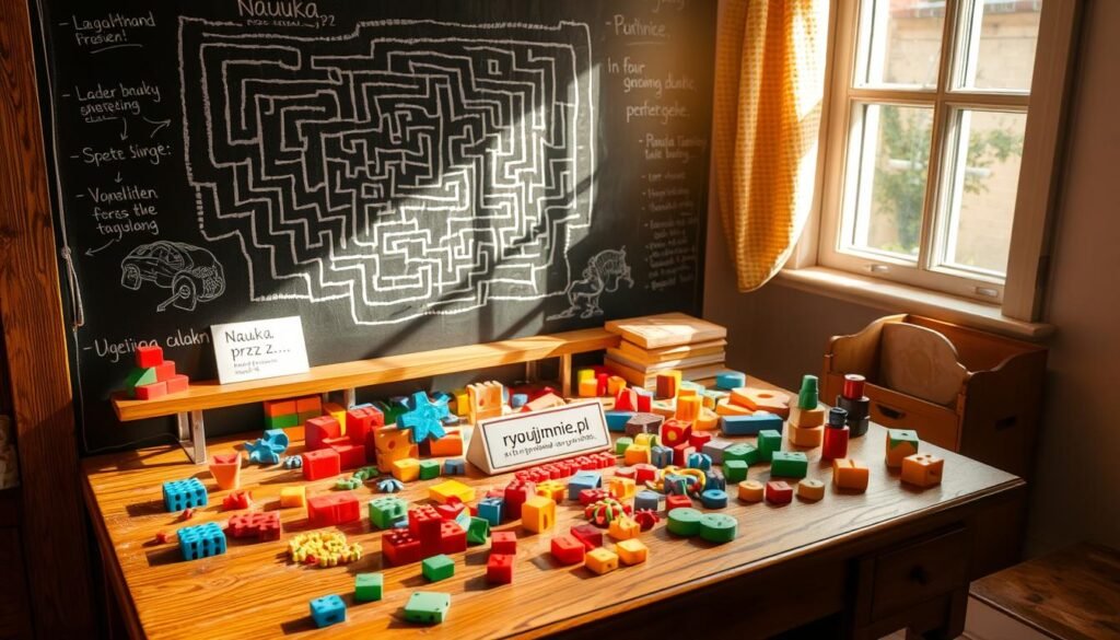A cozy, wooden desk with an array of colorful, tactile puzzles, blocks, and brain teasers scattered across its surface. Sunlight streams through a nearby window, casting a warm, inviting glow. In the background, a chalkboard wall showcases an intricate maze, hints, and clues, inviting the viewer to engage in the "nauka przez zagadki" experience. A small plaque on the desk reads "rysujmnie.pl", a playful and engaging way to stimulate young minds. The overall atmosphere is one of curiosity, discovery, and the joy of learning through playful problem-solving.