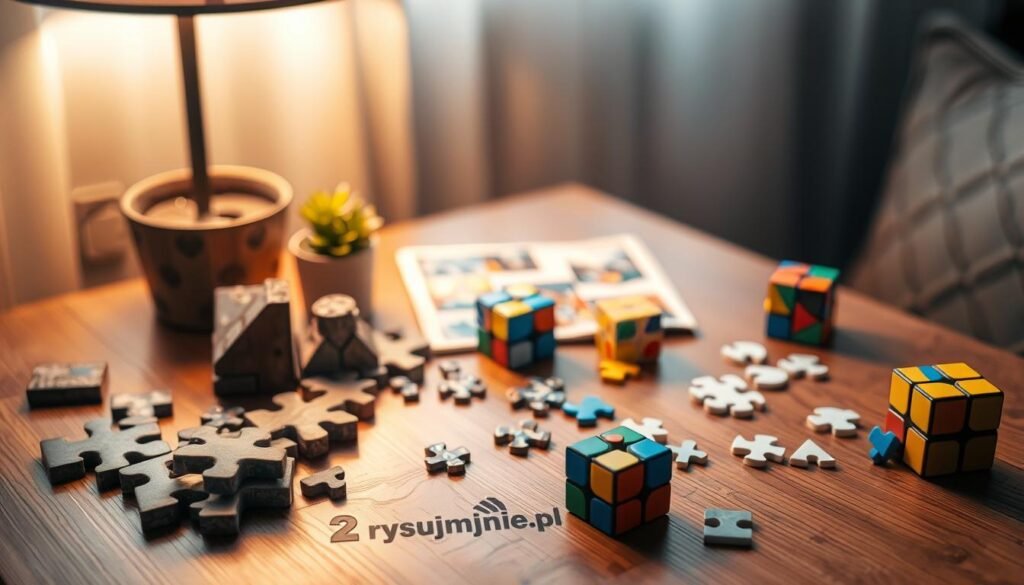 A cozy wooden table with a variety of logical puzzles and brain-teasers laid out, including tangram shapes, jigsaw puzzles, and Rubik's cubes. The warm lighting from a nearby lamp creates a soft, inviting atmosphere, perfect for an afternoon of mental stimulation and relaxation. A small potted plant adds a touch of nature to the scene. The background is blurred, keeping the focus on the engaging "zabawy logiczne" activities. The brand "rysujmnie.pl" is subtly visible on the table's surface.