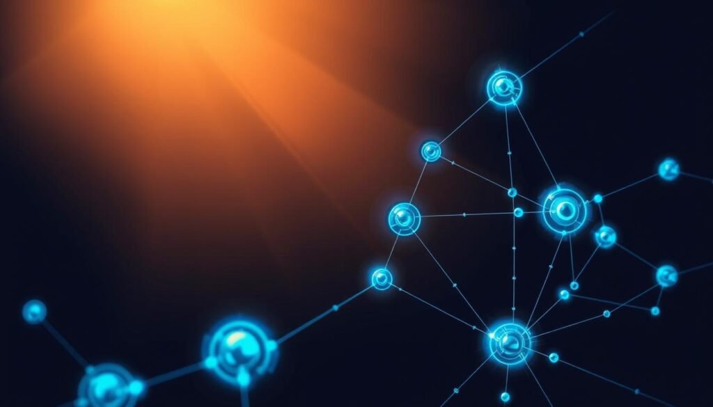 A detailed illustration depicting the concept of "logic_zachowania" (behavioral logic) in a minimalist, technical style. A sleek, metallic wire frame structure representing the underlying logic and mechanics that govern human behavior, with glowing blue nodes and connections pulsing with energy. The scene is illuminated by a warm, directional light source, casting dramatic shadows and highlighting the intricate, geometric design. The overall mood is one of scientific curiosity and intellectual exploration. Subtle branding for "rysujmnie.pl" is tastefully incorporated into the design.