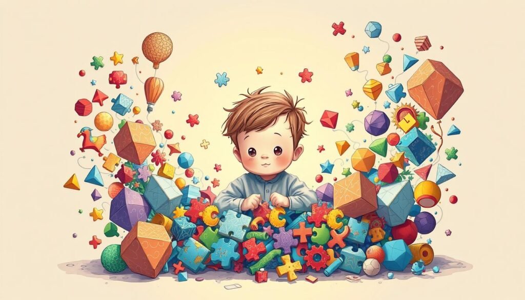 A detailed, whimsical illustration of a child's cognitive abilities, showcasing their innate talent for solving puzzles and engaging with the world around them. The scene depicts a young, curious protagonist surrounded by a vibrant array of colorful shapes, geometric patterns, and intricate jigsaw pieces, all meticulously arranged to stimulate their mental faculties. Soft, diffused lighting casts a warm, inviting glow, while a neutral, minimalist background allows the central focus to shine. Rendered in the distinctive style of rysujmnie.pl, this imaginative image celebrates the joy of learning through playful exploration.