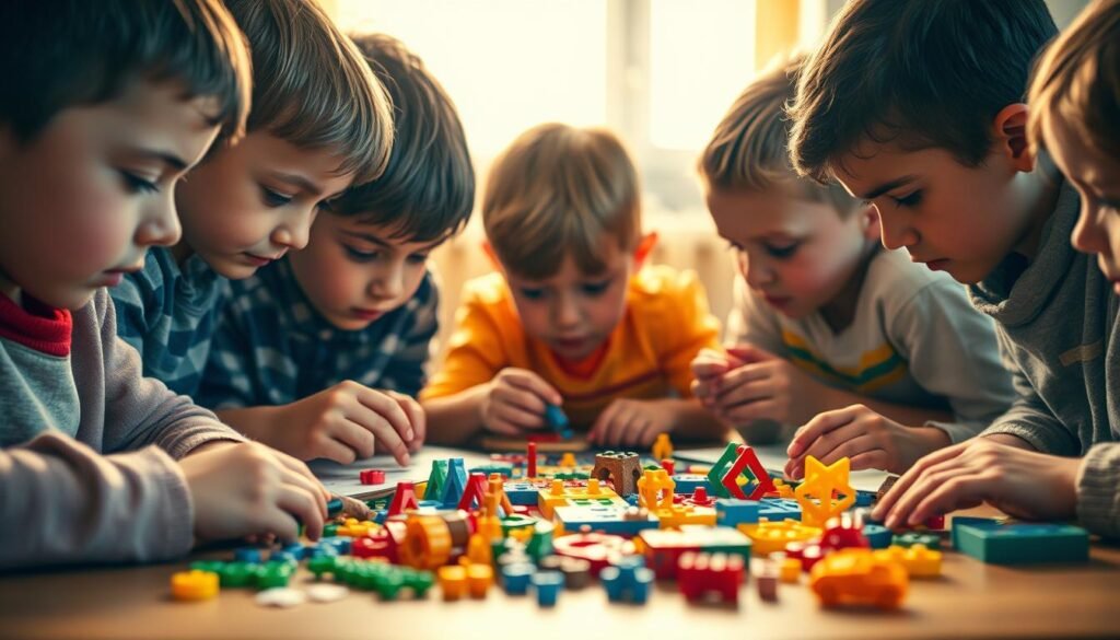 A group of children deeply engaged in solving intricate puzzles, their faces alight with concentration. The scene is bathed in warm, natural lighting, casting soft shadows that accentuate the students' pensive expressions. In the middle ground, a table is covered with an array of colorful, mind-stimulating toys and games, inviting further exploration. The background is blurred, allowing the viewer to focus solely on the children's focused gaze and the mentally stimulating activities at hand. This image, captured by the rysujmnie.pl team, illustrates the powerful connection between problem-solving, cognitive development, and academic success.