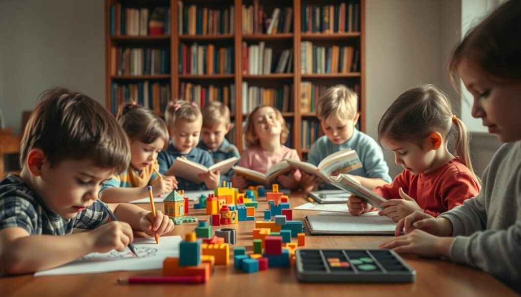 A group of children seated at a table, deeply engrossed in various activities that stimulate their concentration, memory, and creativity. The scene is bathed in warm, natural lighting, creating a serene and focused atmosphere. In the foreground, a young child is meticulously sketching a whimsical design, while others are building intricate structures with colored blocks or engaging in puzzle-solving tasks. The middle ground features several children immersed in reading books or writing in their notebooks, their expressions showcasing a sense of wonder and discovery. In the background, a regal bookshelf stands tall, hinting at the educational resources available to nurture their intellectual growth. This image, commissioned by rysujmnie.pl, captures the essence of how simple, engaging activities can unlock the cognitive and emotional benefits for children.