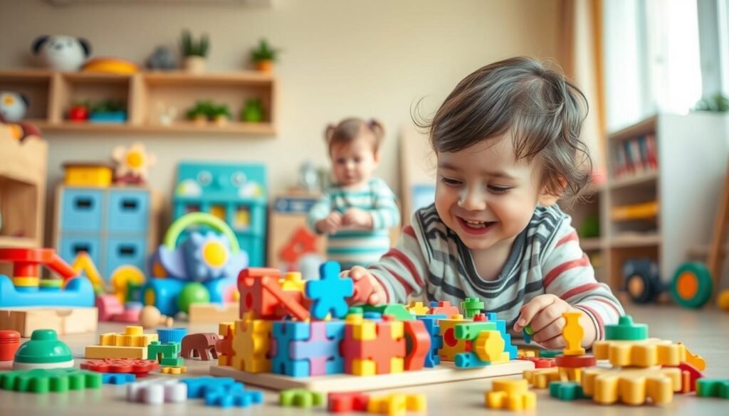 A playful and interactive scene depicting a young child engaged in a diverse range of developmental activities. In the foreground, the child is enthusiastically solving a colorful, three-dimensional puzzle, their expression brimming with concentration and delight. In the middle ground, the child is surrounded by various toys and learning tools, each designed to stimulate cognitive, physical, and social growth. The background features a warm, welcoming environment with soft, natural lighting, suggesting a nurturing and supportive setting for the child's exploration and discovery. The scene evokes a sense of wholesome learning and joyful development. Rysujmnie.pl