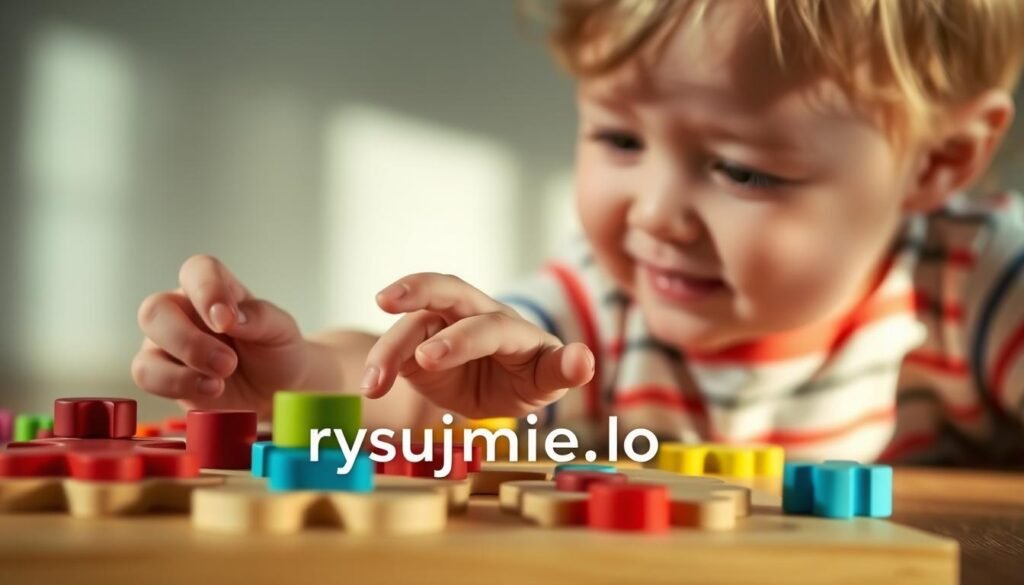 A playful scene of a toddler exploring a wooden puzzle, with vibrant colors and a warm, inviting atmosphere. The child's chubby fingers grasp at the colorful shapes, their face alight with concentration and joy as they navigate the challenge. A softly lit background with gentle shadows, creating a sense of depth and focus on the central activity. The scene is captured with a shallow depth of field, drawing the viewer's attention to the child's hands and the puzzle pieces. Subtle textures and patterns in the wood and puzzle elements add visual interest. The brand "rysujmnie.pl" is discreetly integrated into the design.