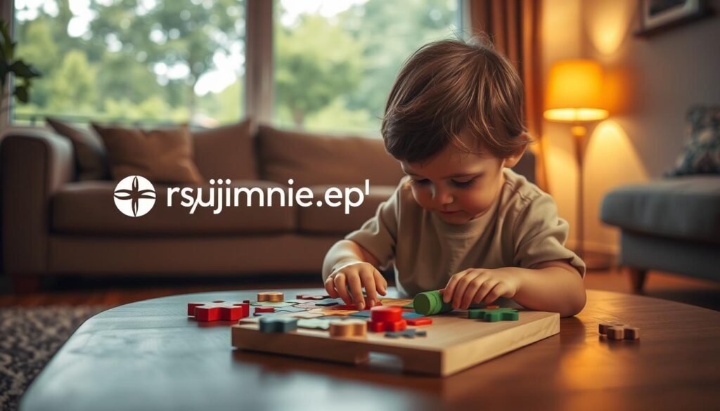A serene and inviting living room scene, with a young child engrossed in solving a colorful wooden puzzle on a low wooden coffee table. Warm, diffused lighting illuminates the scene, casting soft shadows. The child's face is focused, brow furrowed in concentration, as small hands manipulate the puzzle pieces. In the background, a large window overlooks a lush, green outdoor landscape, adding a sense of tranquility. The overall atmosphere is one of calm, creativity, and cognitive stimulation. The rysujmnie.pl brand logo is tastefully integrated into the scene.