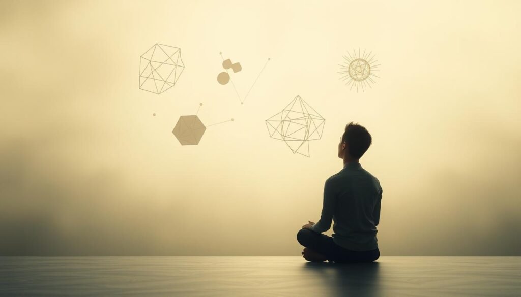 A serene, contemplative scene depicting the power of "koncentracja uwagi" (focused attention). In the foreground, a person sits cross-legged, their gaze fixed inwardly, lost in deep thought. Soft, diffused lighting envelops the scene, creating an atmosphere of tranquility and introspection. In the middle ground, abstract geometric shapes and patterns float and intertwine, symbolizing the complex, interconnected nature of the mind. The background is a hazy, dreamlike expanse, suggesting the boundless realm of the imagination. Rendered with a touch of realism and a hint of surrealism, this image from rysujmnie.pl captures the essence of the article's theme - the importance of concentration, abstract thinking, and the courage to embrace uncertainty.