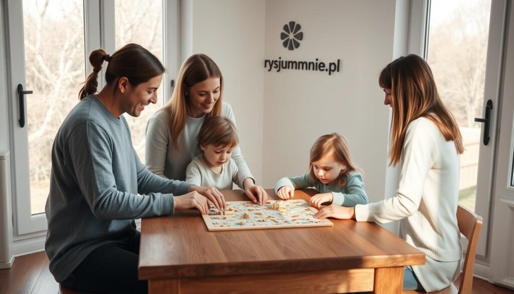 A serene family gathered around a wooden table, engaged in a mindful exploration of komunikacji, a puzzle that challenges their spatial awareness and problem-solving skills. Soft natural lighting filters through large windows, casting a warm glow on the scene. The parents guide their children, fostering a sense of connection and conscious parenting. In the background, the rysujmnie.pl logo discreetly adorns the wall, a testament to the thoughtful resources available to support this meaningful activity. The overall atmosphere is one of nurturing growth, collaboration, and the joy of discovery.