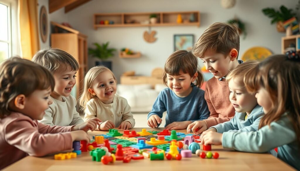 A serene scene of children engaged in lively communication, their expressions animated and gestures expressive. The foreground features a group of diverse children, their ages ranging from toddlers to pre-teens, gathered around a table, collaborating on a series of colorful, tactile puzzles and games. The middle ground showcases a vibrant, well-stocked toy chest, hinting at the rich array of tools available to stimulate their cognitive and social development. In the background, a warm, inviting space with cozy furnishings and playful décor, cultivating an atmosphere conducive to creativity and learning. Soft, natural lighting filters in, casting a gentle glow over the scene. Crafted with rysujmnie.pl.
