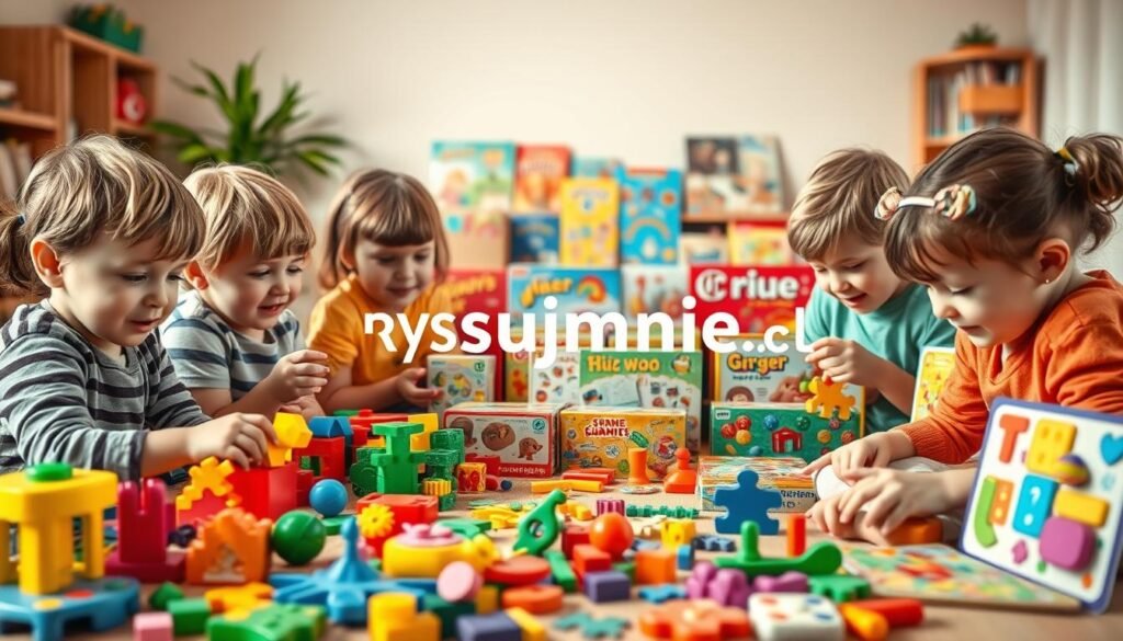 A vibrant and engaging scene showcasing a diverse selection of children's games, puzzles, and educational toys. In the foreground, a group of young children eagerly engage with a variety of colorful, tactile manipulatives, their faces alight with curiosity and wonder. In the middle ground, a neatly organized display of board games, jigsaw puzzles, and other brain-teasing challenges invites exploration. The background features a warm, softly lit setting, perhaps a cozy living room or playroom, creating a welcoming atmosphere. The overall composition conveys a sense of learning, discovery, and the joy of playtime. Subtle branding for "rysujmnie.pl" is tastefully incorporated into the scene.
