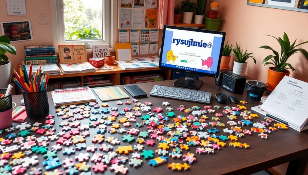 A vibrant and interactive workspace with a large desk, various colorful stationery, and a computer displaying the "rysujmnie.pl" website. The foreground features a collection of jigsaw puzzles in different shapes and sizes, inviting the viewer to explore and engage. The middle ground showcases a carefully organized set of learning materials, including educational books and flashcards, suggesting a structured approach to integrating puzzles into daily activities. The background depicts a warm, well-lit environment with natural elements, such as potted plants, creating a calm and inspiring atmosphere conducive to focused learning and play.
