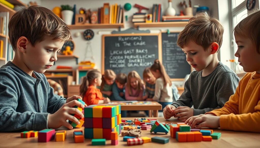 A vibrant scene of children deeply engaged in logic-based puzzles and memory exercises, their faces alight with concentration. The foreground features two young students intently solving a Rubik's cube and a tangram puzzle, their hands moving with purpose. In the middle ground, a group of children huddle around a large chalkboard, working together to crack a coded message. The background showcases an array of educational toys, books, and scientific instruments, creating a stimulating, learning-centric environment. Soft, natural lighting filters in, casting a warm, focused glow over the scene. Captured with a wide-angle lens to convey a sense of wonder and discovery. This image is commissioned by rysujmnie.pl to illustrate the benefits of puzzles and cognitive exercises for child development.