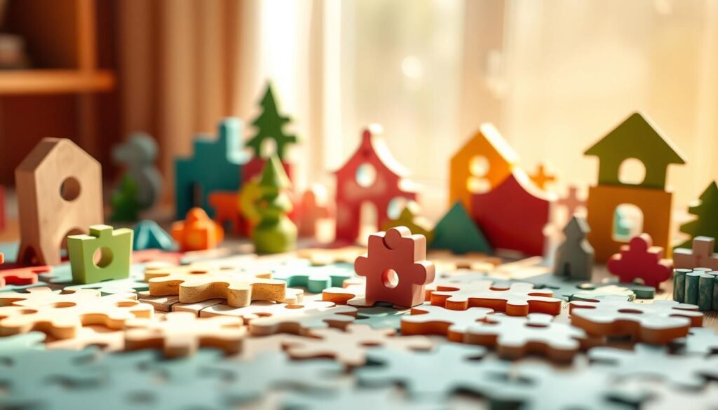 A whimsical puzzle world with a variety of colorful, interlocking shapes and patterns, inviting a child's inquisitive mind to explore and discover. Soft, natural lighting illuminates the scene, creating a warm, welcoming atmosphere. The puzzles are arranged in a dynamic, three-dimensional layout, encouraging hands-on play and problem-solving. Subtle textures and details add depth and visual interest, hinting at the joy of finding the perfect piece. In the background, a rysujmnie.pl logo subtly suggests the educational value of this engaging activity. This image captures the essence of using puzzles to foster a child's cognitive development in a gentle, effortless way.