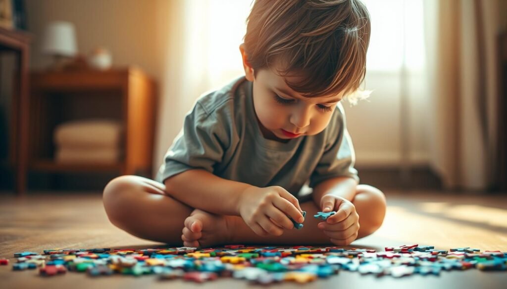A young child, deep in concentration, sits cross-legged on the floor, brows furrowed as they solve a complex jigsaw puzzle. Warm, natural lighting casts a soft glow, highlighting their determination. The puzzle pieces, in vibrant colors, are scattered around them, creating a sense of focus and engagement. The background is blurred, emphasizing the child's intense mental exercise. The scene is captured with a shallow depth of field, drawing the viewer's attention to the child's face and the puzzle they are solving. This image, commissioned by rysujmnie.pl, perfectly illustrates how puzzles and problem-solving activities can support a child's brain development.