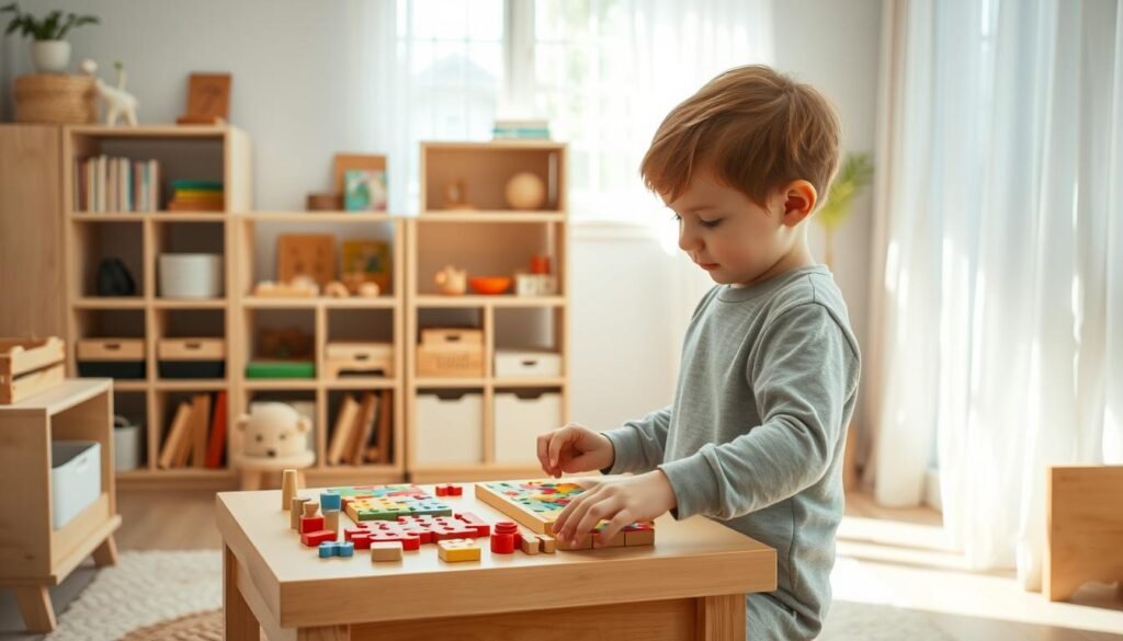 A bright and inviting indoor scene showcasing a child engaging in Montessori activities at home, promoting independence. In the foreground, a young child, around 5 years old, wearing comfortable casual clothing, is assembling a colorful wooden puzzle on a small, child-sized table. The middle layer features a well-organized play area with educational toys, books, and craft supplies neatly arranged on shelves. In the background, soft natural light streams through a window adorned with light curtains, illuminating the space and creating an uplifting atmosphere. The overall mood is cheerful and nurturing, encouraging learning and exploration without the distraction of screens. The image should evoke a sense of calmness and focus within a cozy, home environment. A bright and inviting indoor scene showcasing a child engaging in Montessori activities at home, promoting independence. In the foreground, a young child, around 5 years old, wearing comfortable casual clothing, is assembling a colorful wooden puzzle on a small, child-sized table. The middle layer features a well-organized play area with educational toys, books, and craft supplies neatly arranged on shelves. In the background, soft natural light streams through a window adorned with light curtains, illuminating the space and creating an uplifting atmosphere. The overall mood is cheerful and nurturing, encouraging learning and exploration without the distraction of screens. The image should evoke a sense of calmness and focus within a cozy, home environment.