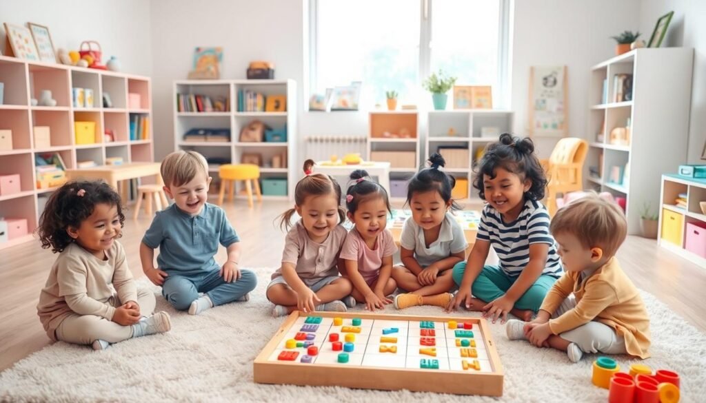 A bright, inviting children's playroom filled with colorful educational toys and games designed to enhance concentration and memory. In the foreground, a diverse group of preschool children, dressed in casual but neat clothing, are engaged in a memory matching game on a soft rug. Their expressions are focused and joyful. In the middle ground, a table with strategy games and puzzles encourages collaboration, while shelves filled with books and interactive learning materials can be seen in the background. Soft, ambient lighting from a large window bathes the room in a gentle glow, creating a warm and encouraging atmosphere for learning and concentration. The overall composition highlights the joy of learning through play and the benefits of concentration-enhancing activities.
