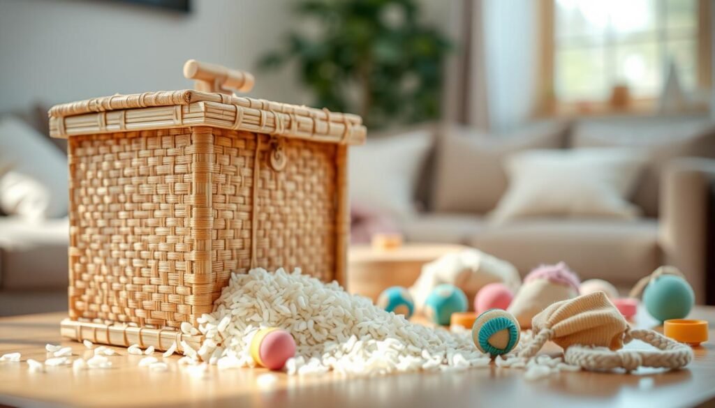 A bright, inviting scene featuring a traditional rice box, intricately designed with natural bamboo textures. In the foreground, the rice box is slightly open, revealing soft, fluffy rice spilling out, symbolizing sensory play. In the middle ground, scattered around the rice box are small, colorful toys and soft sensory materials like textured fabrics and gentle rattles, promoting a playful atmosphere. The background is softly blurred, showcasing a warm, cozy living room environment with soft natural light filtering through a window, creating a welcoming and nurturing mood. The overall composition should evoke a sense of curiosity and playfulness, ideal for inspiring creativity in sensory activities for babies and children. The angle is slightly above the table level, focusing on the rice box and nearby sensory elements, without any people present.