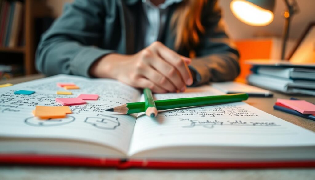 A close-up view of a green pencil resting on an open notebook filled with neatly written homework notes, showcasing a sense of organization and clarity. In the foreground, the green pencil stands out against the crisp white pages, while scattered colorful sticky notes can be seen, hinting at effective study techniques. In the middle, a pair of hands, dressed in smart casual attire, are gently holding the notebook, highlighting an engaged and focused studying atmosphere. The background features a cozy study space with warm lighting from a desk lamp illuminating the scene, creating a calm and inviting environment for learning. The overall mood is one of productivity and enthusiasm for education. A close-up view of a green pencil resting on an open notebook filled with neatly written homework notes, showcasing a sense of organization and clarity. In the foreground, the green pencil stands out against the crisp white pages, while scattered colorful sticky notes can be seen, hinting at effective study techniques. In the middle, a pair of hands, dressed in smart casual attire, are gently holding the notebook, highlighting an engaged and focused studying atmosphere. The background features a cozy study space with warm lighting from a desk lamp illuminating the scene, creating a calm and inviting environment for learning. The overall mood is one of productivity and enthusiasm for education.