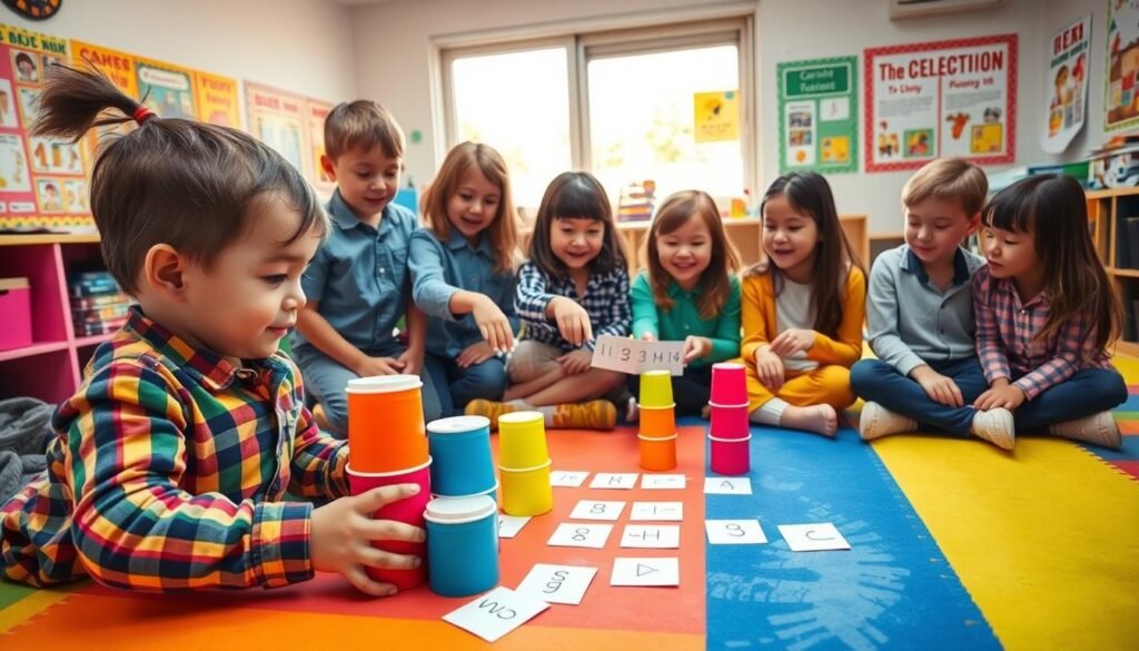 A colorful and engaging scene depicting a group of five-year-old children engaging in coding activities without computers. In the foreground, a child is enthusiastically stacking colorful plastic cups and arranging paper cards with symbols on a bright, playful mat. In the middle, other children are collaborating, pointing at a sequence of cards that represent an algorithm, with expressions of concentration and joy. The background features a vibrant classroom setting filled with educational posters and a large window letting in soft, warm daylight. The atmosphere is cheerful and playful, encouraging creativity and logical thinking. The image captures the essence of learning through play, showcasing diversity among the children with professional casual clothing. No text, logos, or any other overlays included.