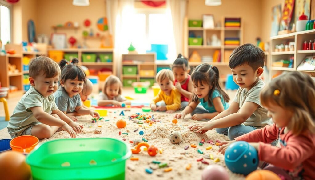 A colorful, vibrant setting that captures the essence of age-appropriate play for children. In the foreground, a diverse group of children aged 3 to 8, engaged in various sensory activities like playing with sand, water, and textured materials, showcasing joy and creativity. The middle ground features educational toys, puzzles, and art supplies organized by age group, enhancing the theme of matching activities to developmental stages. The background hints at a warm, inviting playroom filled with soft natural light filtering through windows, creating a cheerful atmosphere. Ensure a soft focus on the children to emphasize their interactions and happiness. The image should convey a sense of wonder and exploration, embodying the importance of sensory play in cognitive development.