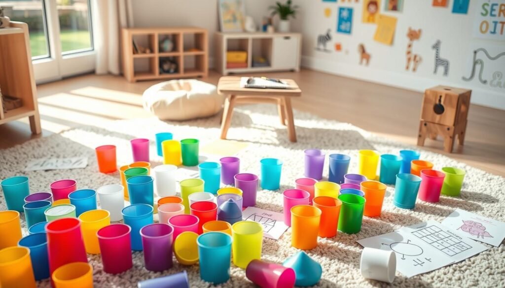 A cozy, bright workspace designed for young children engaging in coding activities without computers. In the foreground, a colorful array of plastic cups in diverse sizes and shapes, arranged creatively on a soft rug, inviting exploration. Scattered around are colorful sheets of paper with simple drawings and patterns illustrating basic coding concepts. In the middle ground, a small wooden table holds a few markers and a notebook, creating a hands-on learning environment. The background features a well-lit room with playful wall decorations, such as cheerful animal motifs. Soft, natural light filters through a nearby window, creating a warm, welcoming atmosphere. The image should evoke a sense of curiosity and creativity, ideal for young learners.