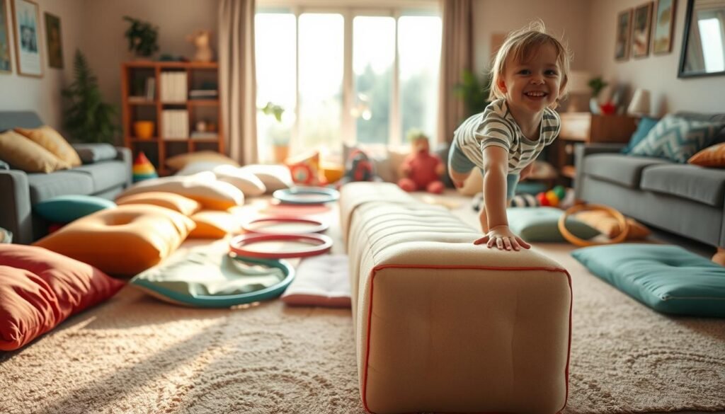 A cozy indoor living room setting filled with a DIY obstacle course for children, showcasing a colorful array of cushions, soft mats, and toys arranged creatively. In the foreground, a cheerful child in casual clothing energetically climbs over a cushioned foam block, with a playful expression. In the middle, various household items like hula hoops and jump ropes create a fun and engaging path. The background features a window letting in warm, soft natural light, casting gentle shadows. The atmosphere is playful and vibrant, evoking a sense of excitement and adventure. The composition has a slight depth of field to emphasize the child and the obstacle course while softly blurring the background.