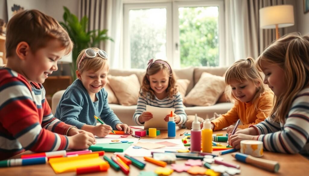 A cozy indoor scene showcasing fun and inexpensive activities for children on a rainy day. In the foreground, a group of cheerful children aged 4-7 are engaged in a DIY craft project, surrounded by colorful art supplies like paper, markers, and glue. In the middle, a welcoming living room with bright, soft lighting, featuring a comfortable couch and fluffy cushions, creates a warm atmosphere. A window in the background shows raindrops falling outside, emphasizing the indoor setting. The mood is playful and creative, capturing the joy of learning and imagination. Use a soft focus effect to enhance the warmth and comfort of the scene, with a vibrant color palette to invoke a sense of fun and engagement.