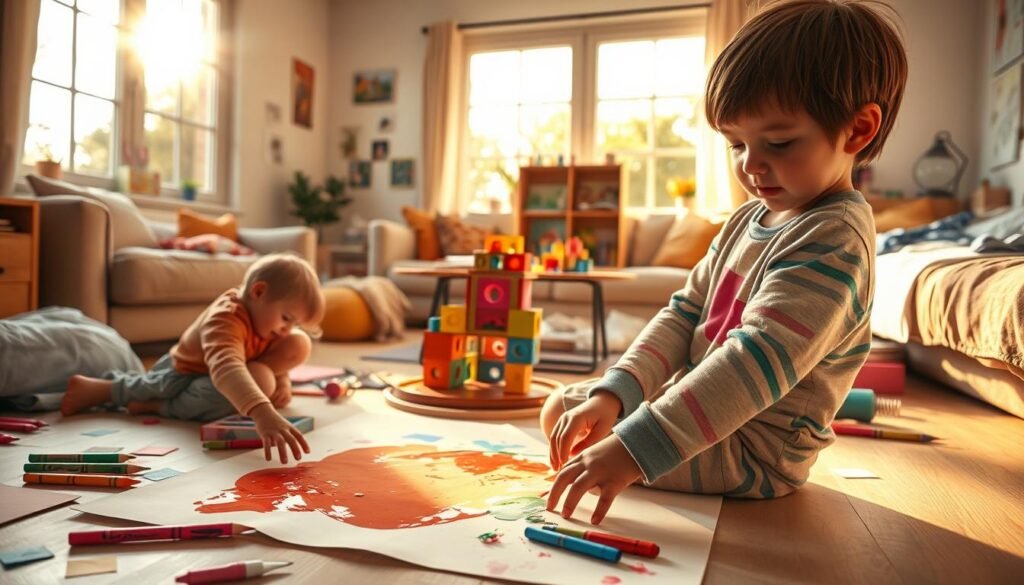 A cozy living room filled with creative activities for children. In the foreground, a child with short brown hair, wearing comfortable, colorful clothes, is painting with fingers on a large sheet of paper spread on the floor. Next to them are scattered various crafting materials like colored paper, crayons, and scissors. In the middle, a small table holds a half-finished model made of building blocks and a stack of books open to illustration pages. In the background, large windows with warm sunlight filtering through create a cheerful atmosphere. The walls are adorned with child-drawn pictures. The scene radiates creativity and warmth, capturing a moment of joyful, imaginative play. The image is bright and inviting, evoking a sense of exploration and fun. A cozy living room filled with creative activities for children. In the foreground, a child with short brown hair, wearing comfortable, colorful clothes, is painting with fingers on a large sheet of paper spread on the floor. Next to them are scattered various crafting materials like colored paper, crayons, and scissors. In the middle, a small table holds a half-finished model made of building blocks and a stack of books open to illustration pages. In the background, large windows with warm sunlight filtering through create a cheerful atmosphere. The walls are adorned with child-drawn pictures. The scene radiates creativity and warmth, capturing a moment of joyful, imaginative play. The image is bright and inviting, evoking a sense of exploration and fun.